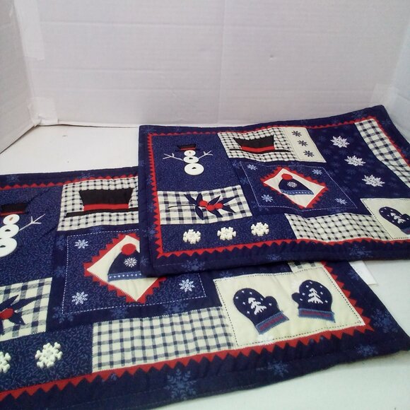Lot of 2 Placemats Kohl's Snowman Snow Buttons Winter Christmas Blue White Red - Picture 1 of 11